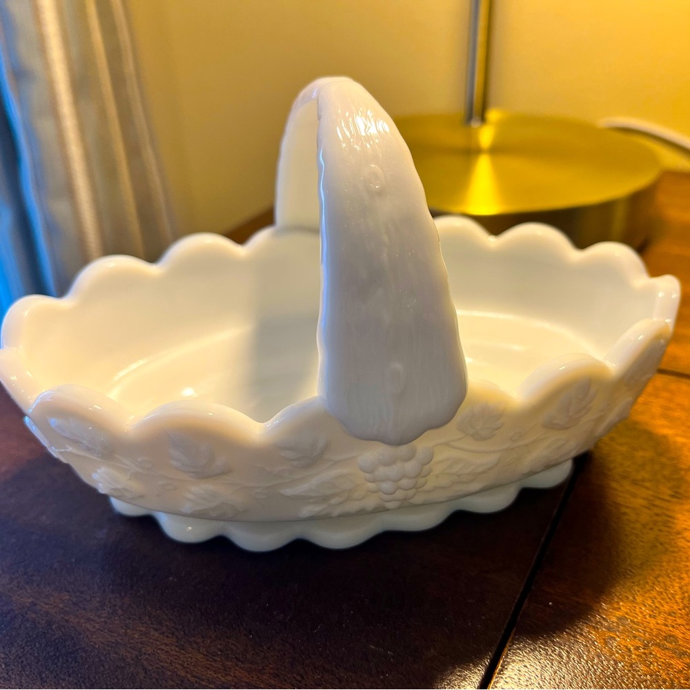 Milk glass grape scalloped basket